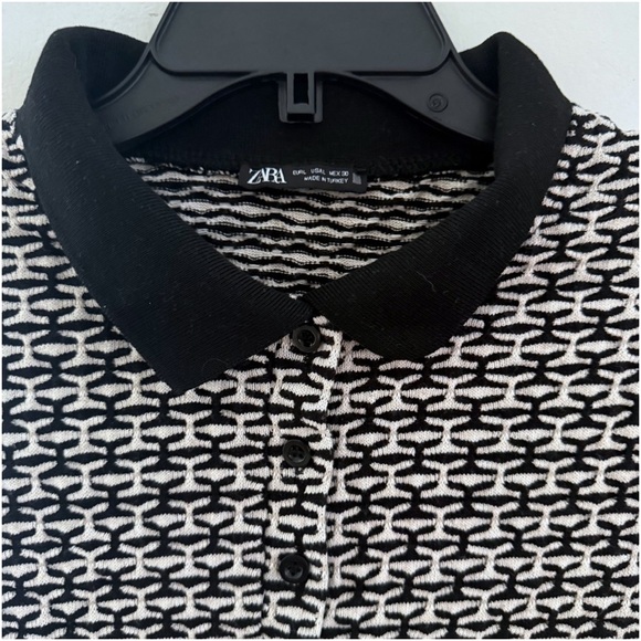 Zara Black and White Patterned Polo Short Sleeve Sweater Size Large - Picture 4 of 12